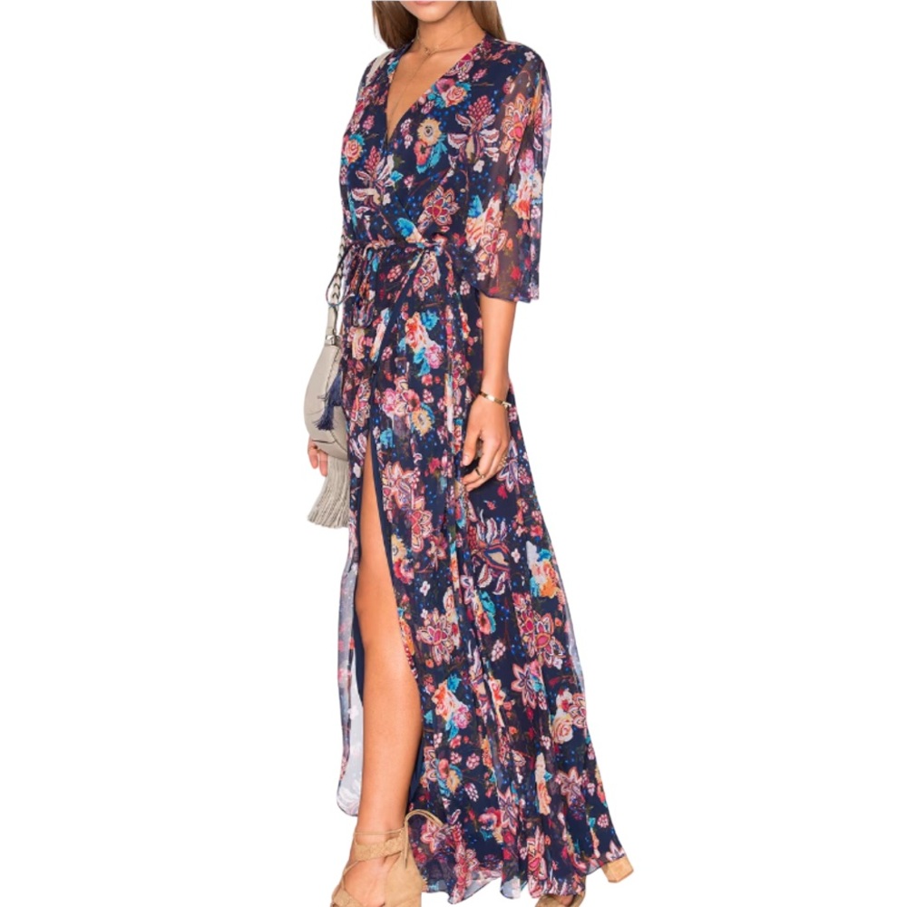 Haute Hippie Revolve Silk Flutter Sleeve Maxi Dress - Navy Floral - Size Medium